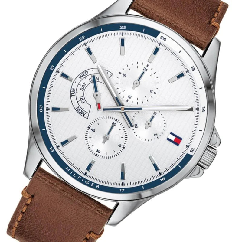 Tommy Hilfiger Multi Function Quartz White Dial Brown Leather Strap Watch for Men - 1791614