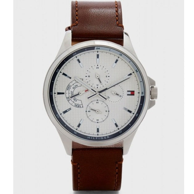 Tommy Hilfiger Multi Function Quartz White Dial Brown Leather Strap Watch for Men - 1791614