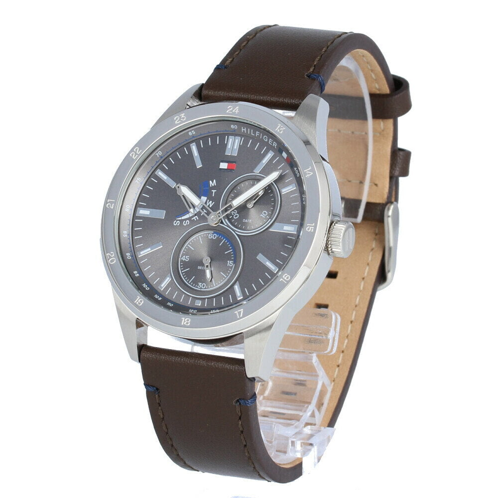 Tommy Hilfiger Austin Grey Dial Brown Leather Strap Watch for Men - 1791637