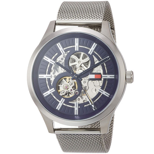 Tommy Hilfiger Spencer Skeleton Black Dial Silver Mesh Bracelet Watch for Men - 1791643