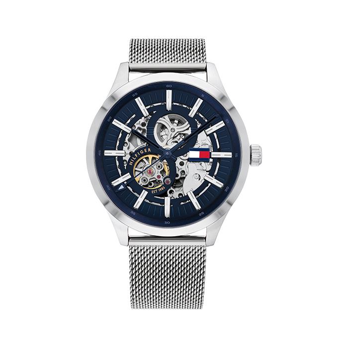 Tommy Hilfiger Spencer Skeleton Black Dial Silver Mesh Bracelet Watch for Men - 1791643