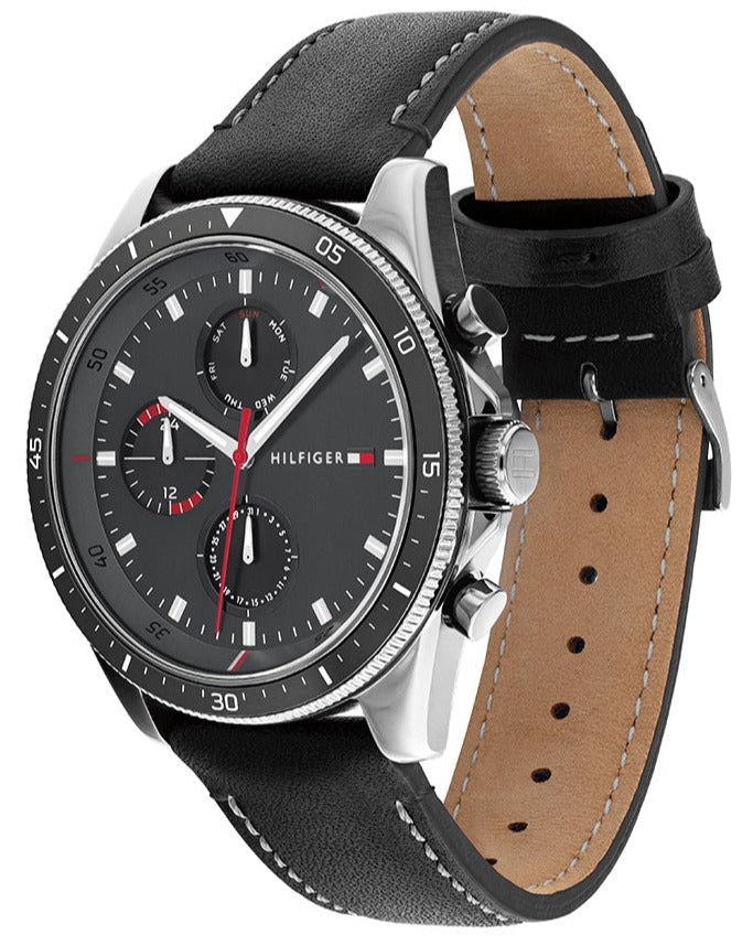 Tommy Hilfiger Parker Chronograph Quartz Grey Dial Black Leather Strap Watch For Men - 1791838