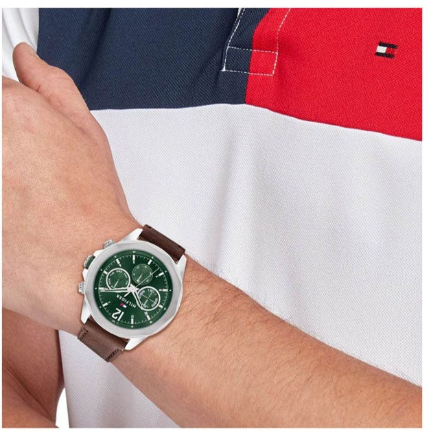 Tommy Hilfiger Lars Chronograph Green Dial Brown Leather Strap Watch For Men - 1792064