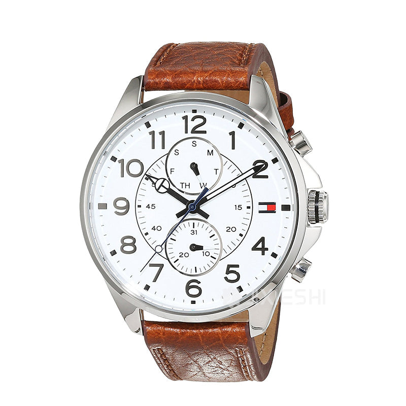 Tommy Hilfiger Dean Quartz Multifunction White Dial Brown Leather Strap Watch for Men - 1791274