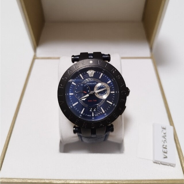 Versace V Race Chronograph Quartz Blue Dial Blue Leather Strap Watch For Men - VEBV00419