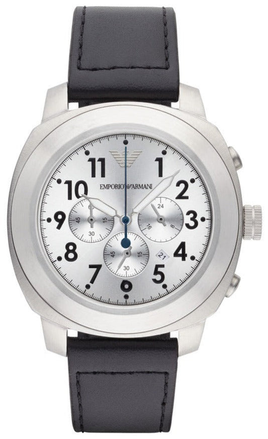 Emporio Armani Sportivo Chronograph Silver Dial Black Leather Strap Watch For Men - AR6054