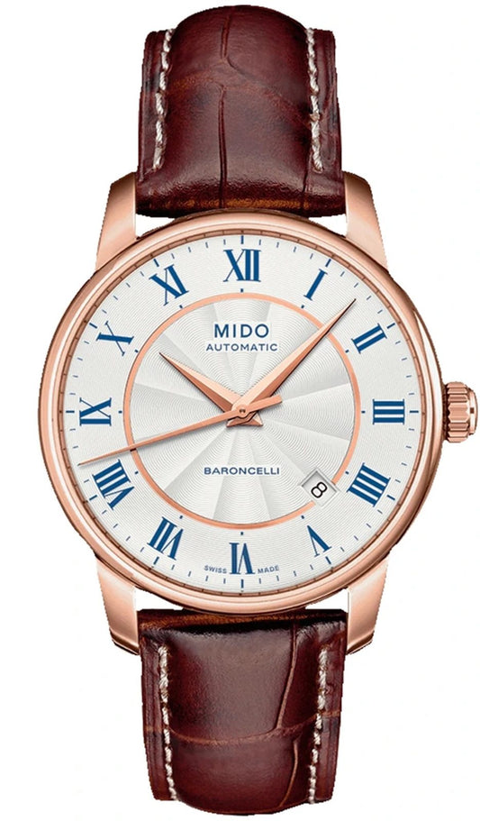 Mido Baroncelli III Automatic Silver Dial Brown Leather Strap Watch For Men - M8600.2.21.8