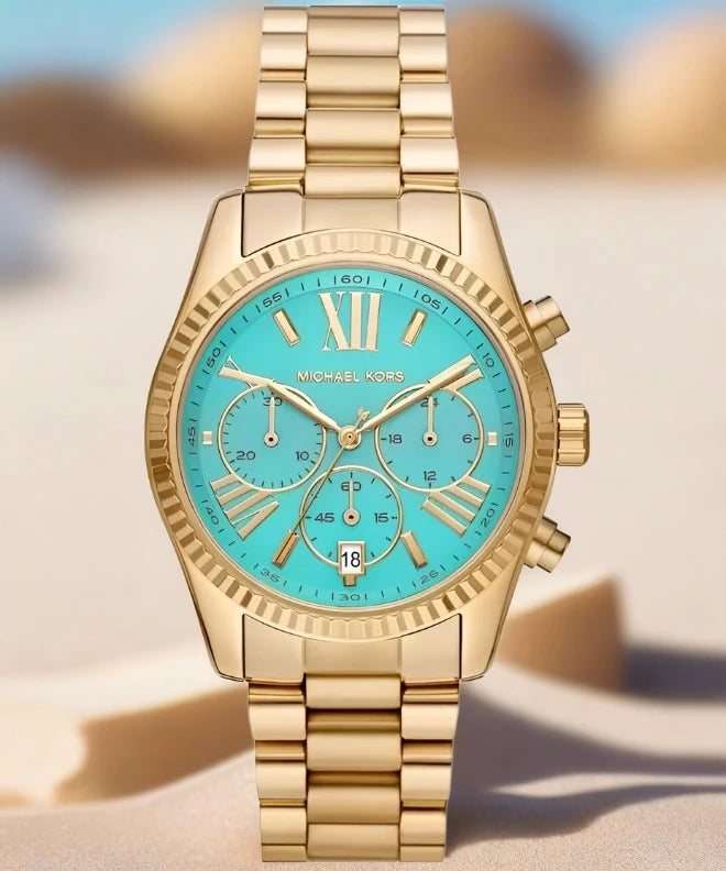 Michael Kors Lexington Chronograph Sky Blue Dial Gold Steel Strap Watch For Women - MK7216