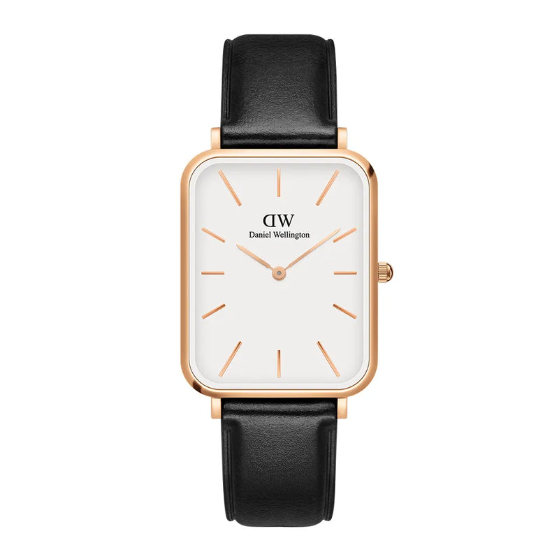 Daniel Wellington Quadro White Dial Black Leather Strap Watch For Women - DW00100450