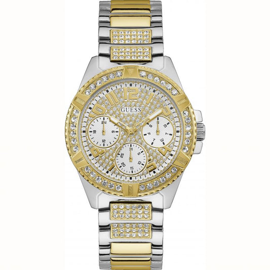 Guess Frontier Chronograph Crystals Gold Dial Two Tone Steel Strap Watch For Women - W1156L5