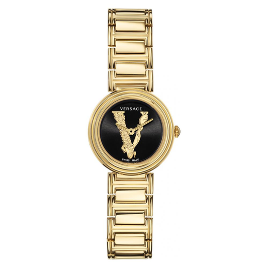 Versace V Virtus Quartz Black Dial Gold Steel Strap Watch For Women - VET300121