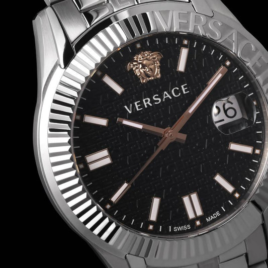 Versace Greca Time Quartz Black Dial Silver Steel Strap Watch For Men - VE3K00322