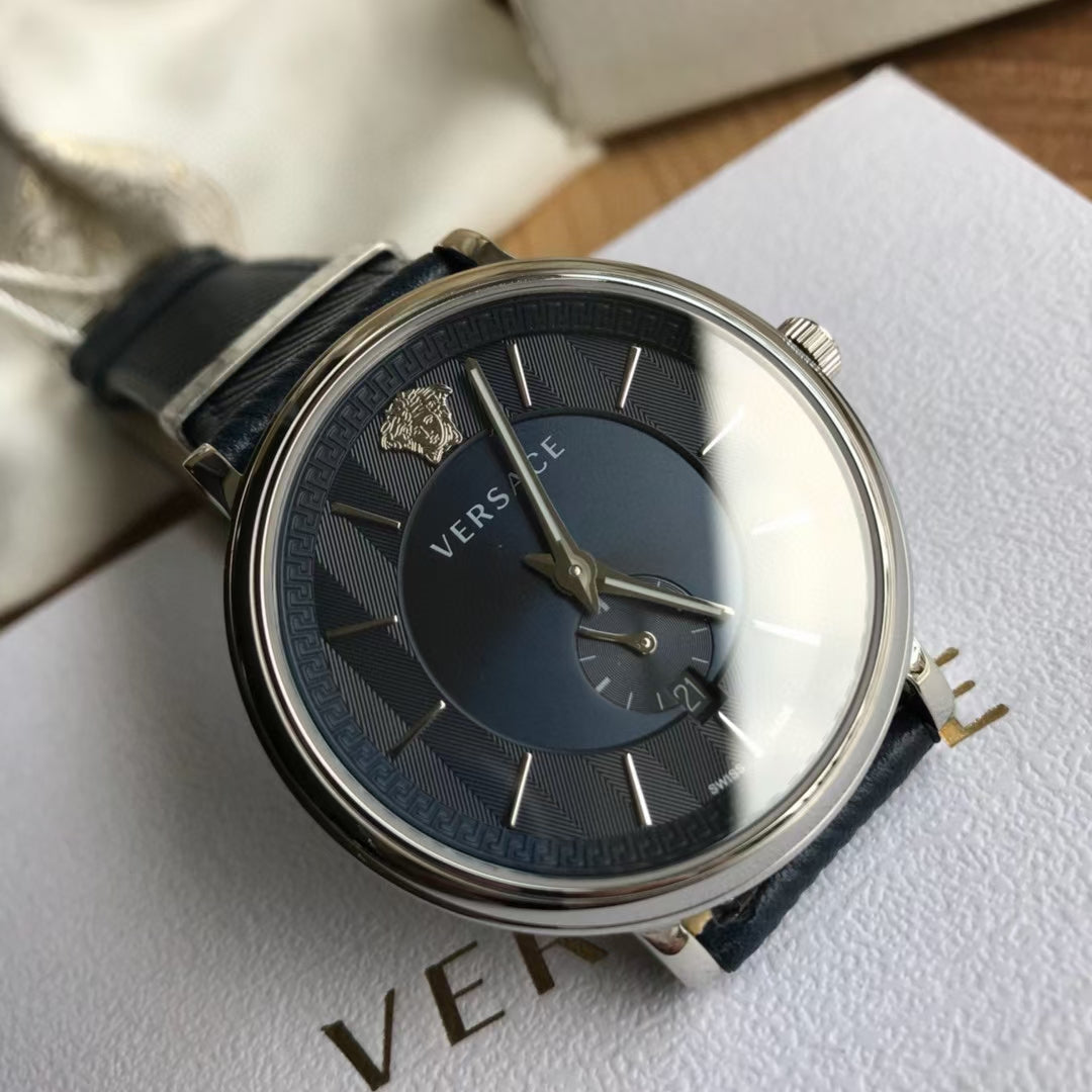 Versace Menifesto Quartz Blue Dial Blue Leather Strap Watch For Men - VBQ01017