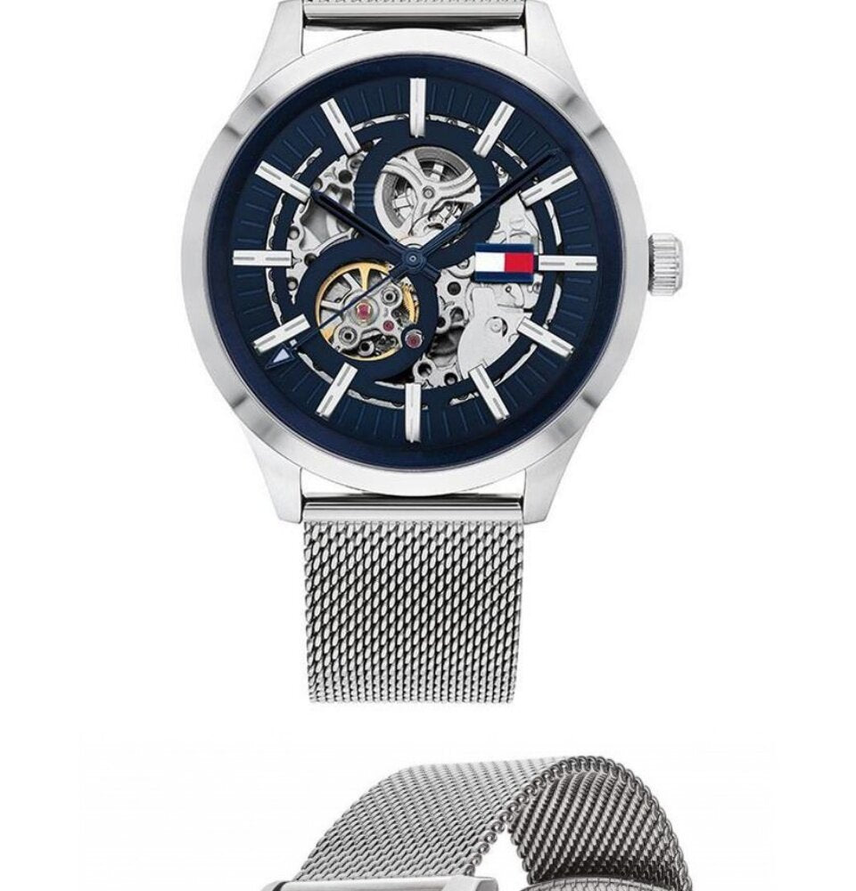 Tommy Hilfiger Spencer Skeleton Black Dial Silver Mesh Bracelet Watch for Men - 1791643