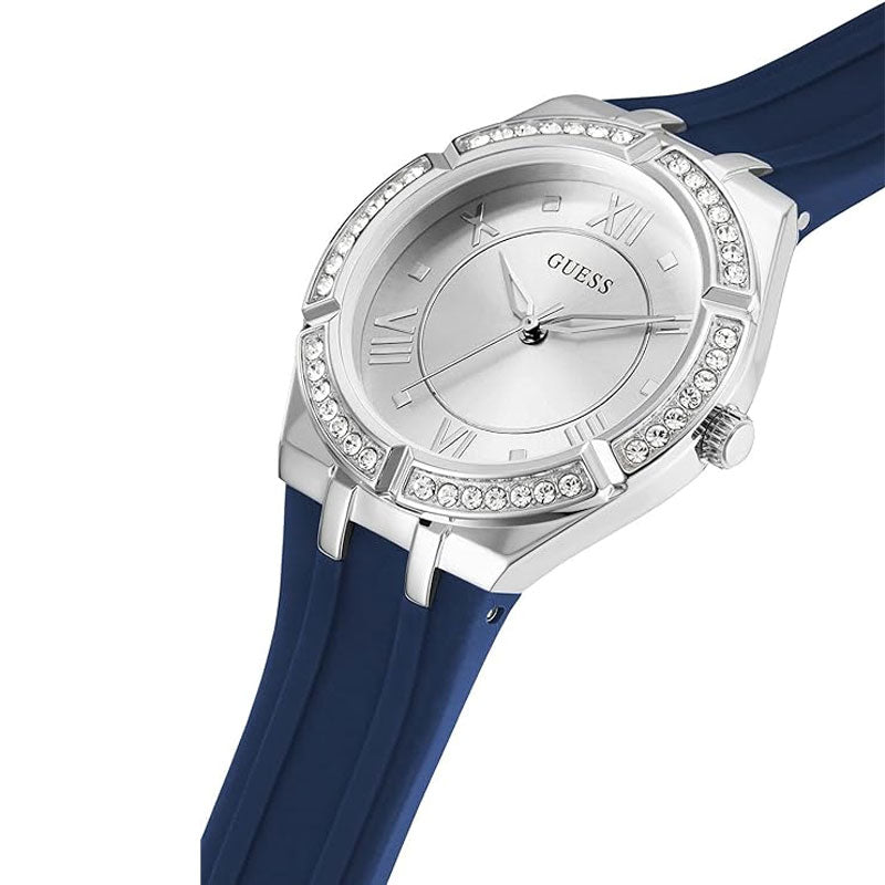 Guess Cosmo Diamonds Silver Dial Blue Rubber Strap Watch for Women - GW0034L5