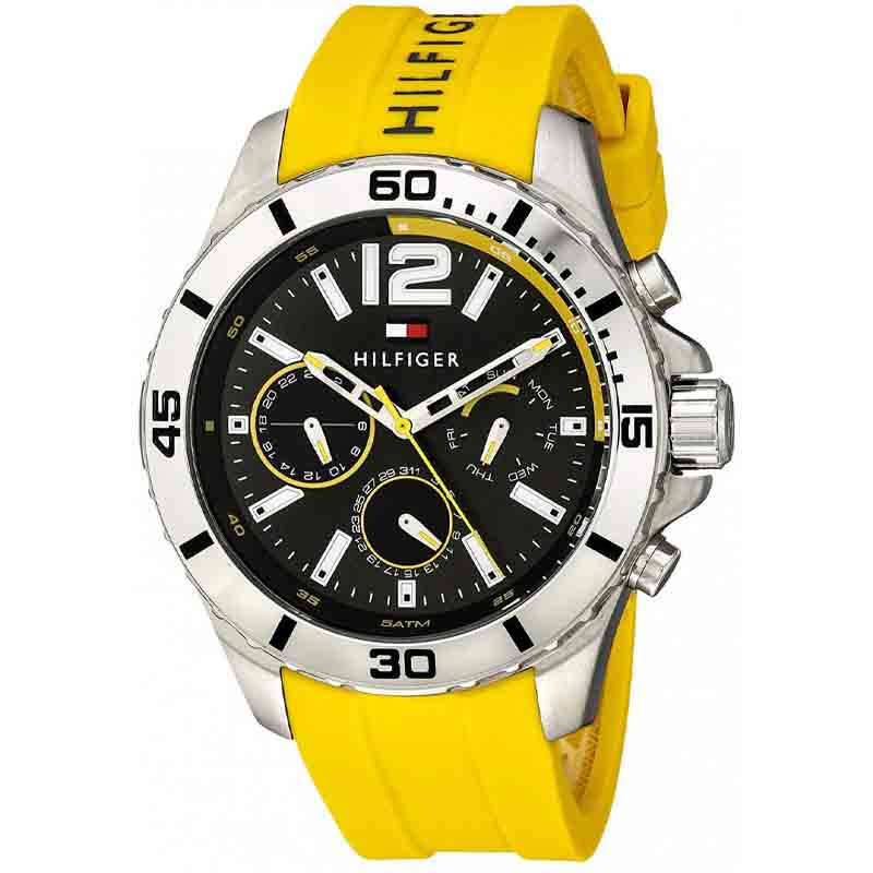 Tommy Hilfiger Sports Multi-Function Black Dial Yellow Rubber Strap Watch for Men - 1791144