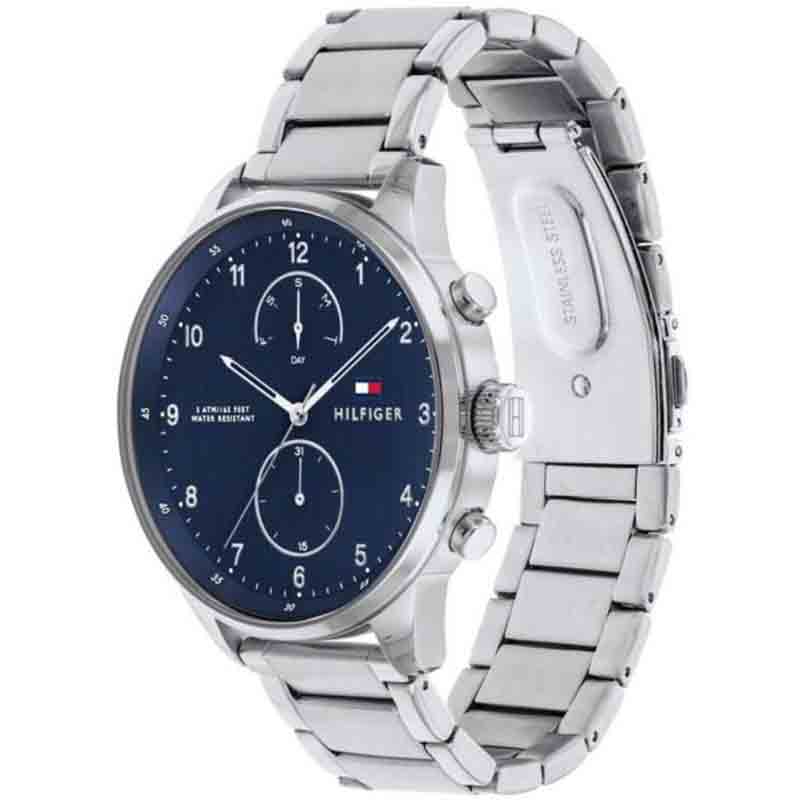 Tommy Hilfiger Chase Multifunction Blue Dial Silver Steel Strap Watch for Men - 1791575