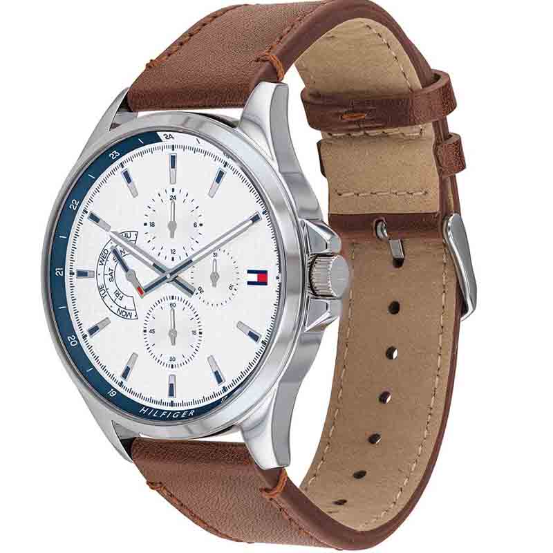 Tommy Hilfiger Multi Function Quartz White Dial Brown Leather Strap Watch for Men - 1791614