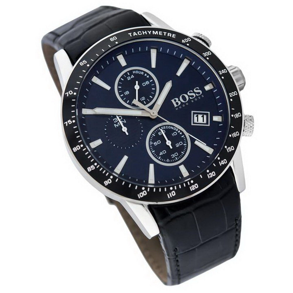 Hugo Boss Rafale Chronograph Blue Dial Black Leather Strap Watch For Men - 1513391