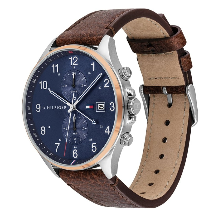 Tommy Hilfiger West Chronograph Blue Dial Brown Leather Strap Watch For Men - 1791712