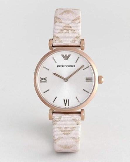 Emporio Armani Gianni T Bar Analog Silver Dial Beige Leather Strap Watch For Women - AR11127