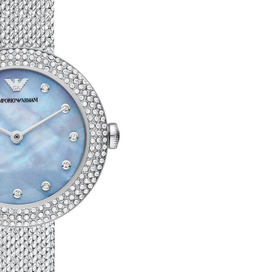 Emporio Armani Rosa Diamonds Mother of Pearl Blue Dial Silver Mesh Bracelet Watch For Women - AR11380