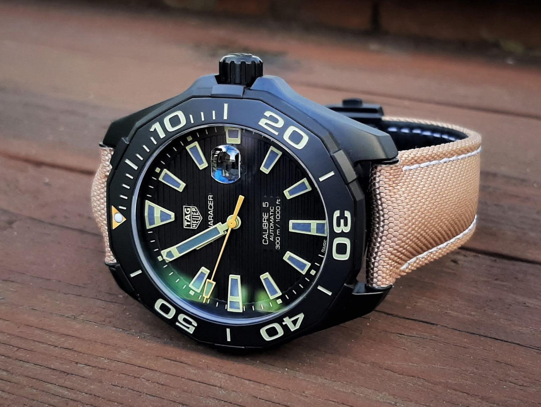 Tag Heuer Aquaracer 300 Calibre 5 Automatic Black Dial Brown Fabric Strap Watch for Men - WAY208C.FC6383