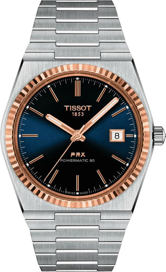 Tissot PRX Powermatic 80 Automatic 18K Gold Blue Dial Silver Steel Strap Watch for Men - T137.407.41.041.00