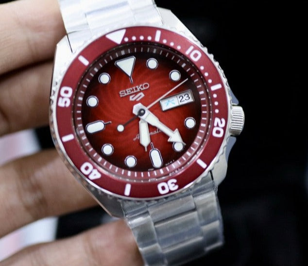 Seiko 5 Sports Mechanical Limited Edition Red Dial Silver Steel Strap Watch For Men - SRPK63K1