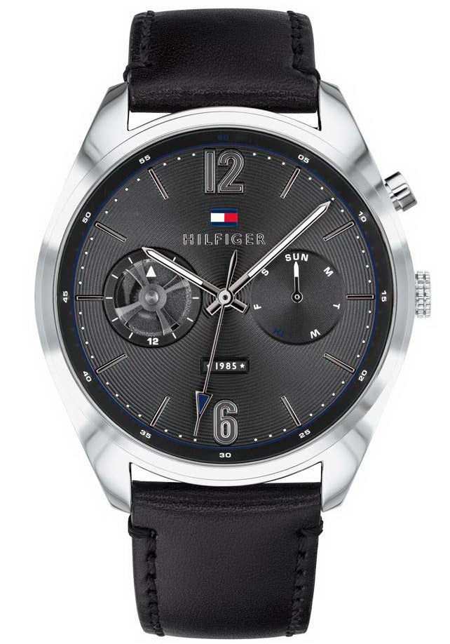 Tommy Hilfiger Deacan Grey Dial Black Leather Strap Watch for Men - 1791548