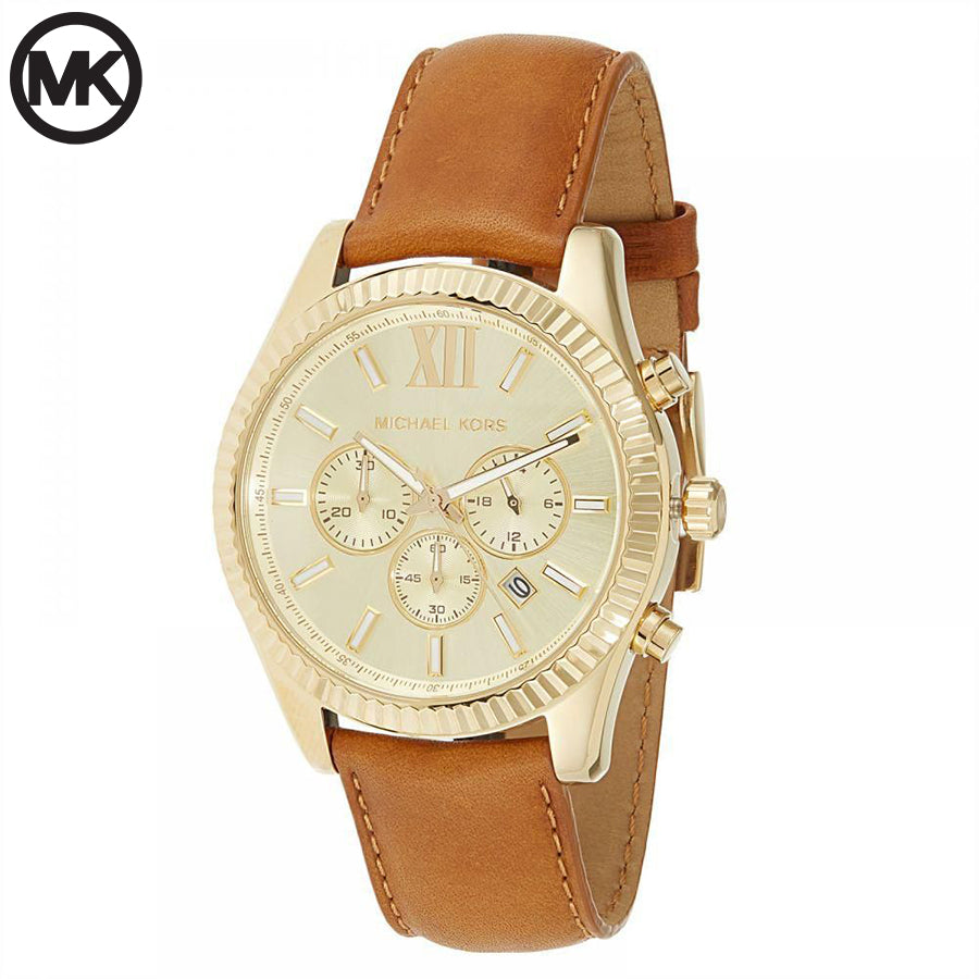 Michael Kors Lexington Chronograph Gold Dial Brown Leather Strap Watch For Men - MK8447