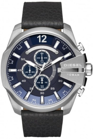 Diesel Mega Chief Chronograph Blue Dial Black Leather Strap Watch For Men - DZ4423