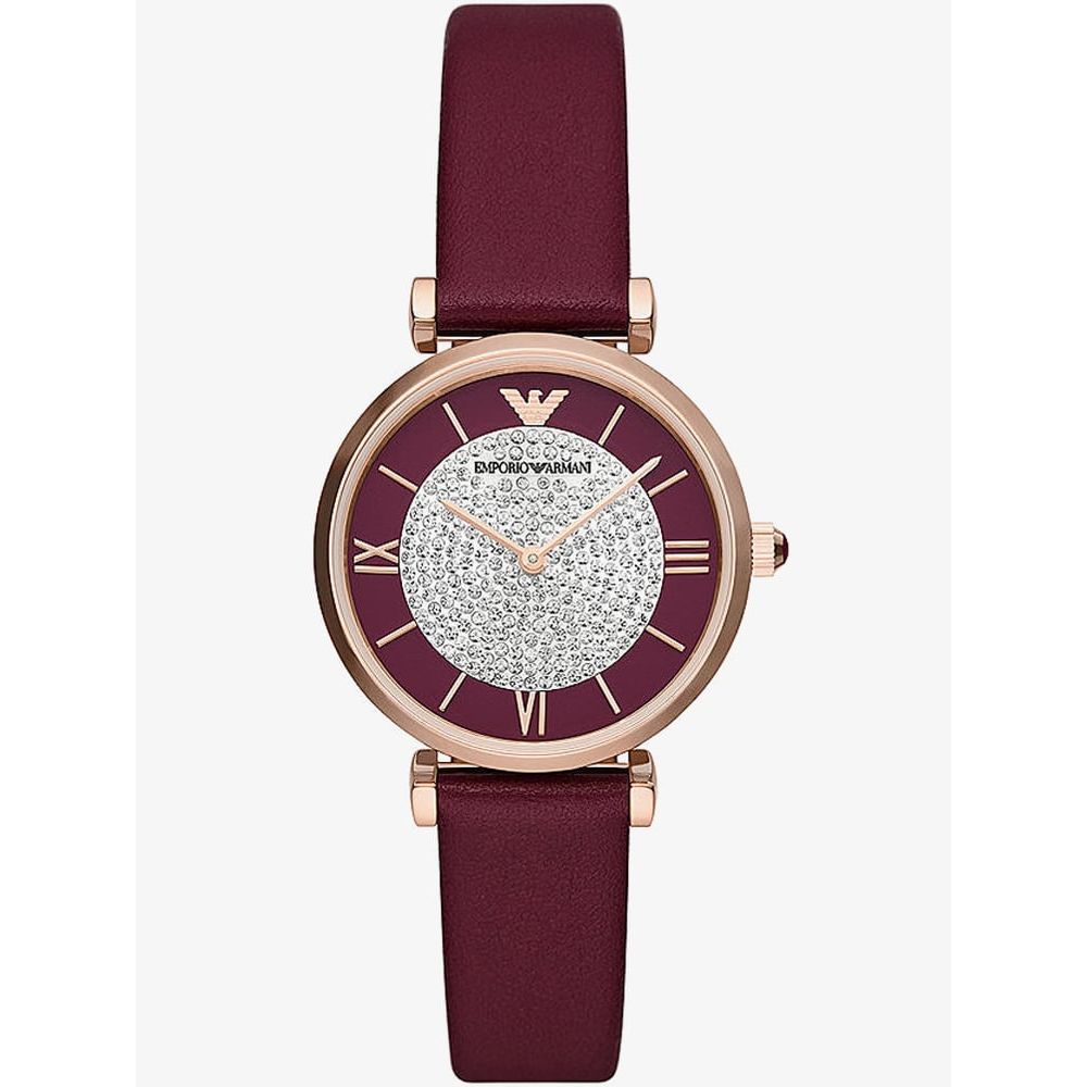 Emporio Armani Gianni T Bar Crystals Maroon Dial Maroon Leather Strap Watch for Women - AR11487