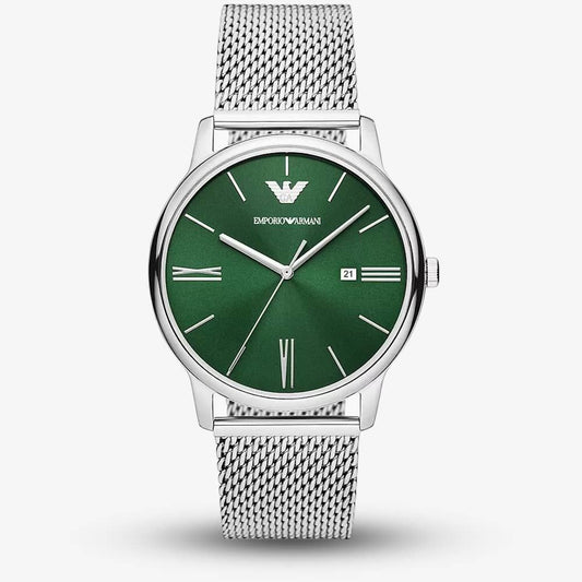 Emporio Armani Minimalist Quartz Green Dial Silver Mesh Bracelet Watch For Men - AR11578