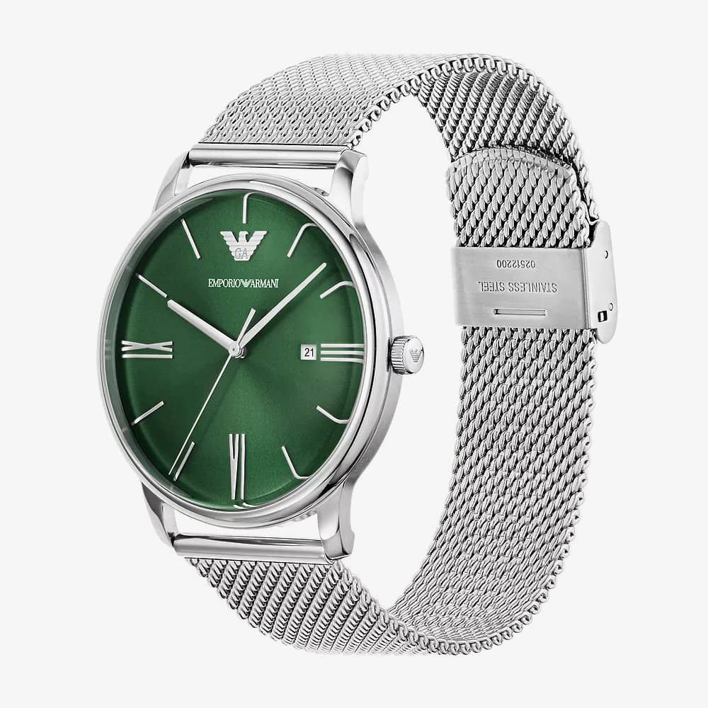 Emporio Armani Minimalist Quartz Green Dial Silver Mesh Bracelet Watch For Men - AR11578