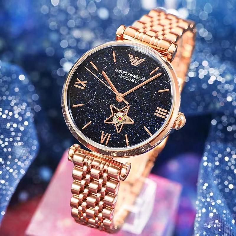 Emporio Armani Meccanico Crystals Black Dial Rose Gold Steel Strap Watch For Women - AR60043