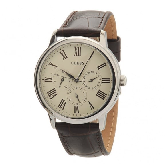 Guess Wafer Quartz White Dial Brown Leather Strap Watch For Men - W70016G2