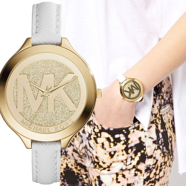 Michael Kors Slim Runway Quartz Gold Dial White Leather Strap Watch For Women - MK2389