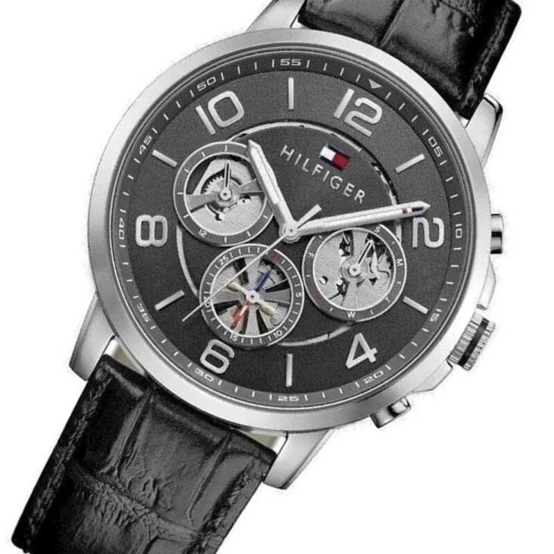 Tommy Hilfiger Keagan Quartz Grey Dial Black Leather Strap Watch for Men - 1791289