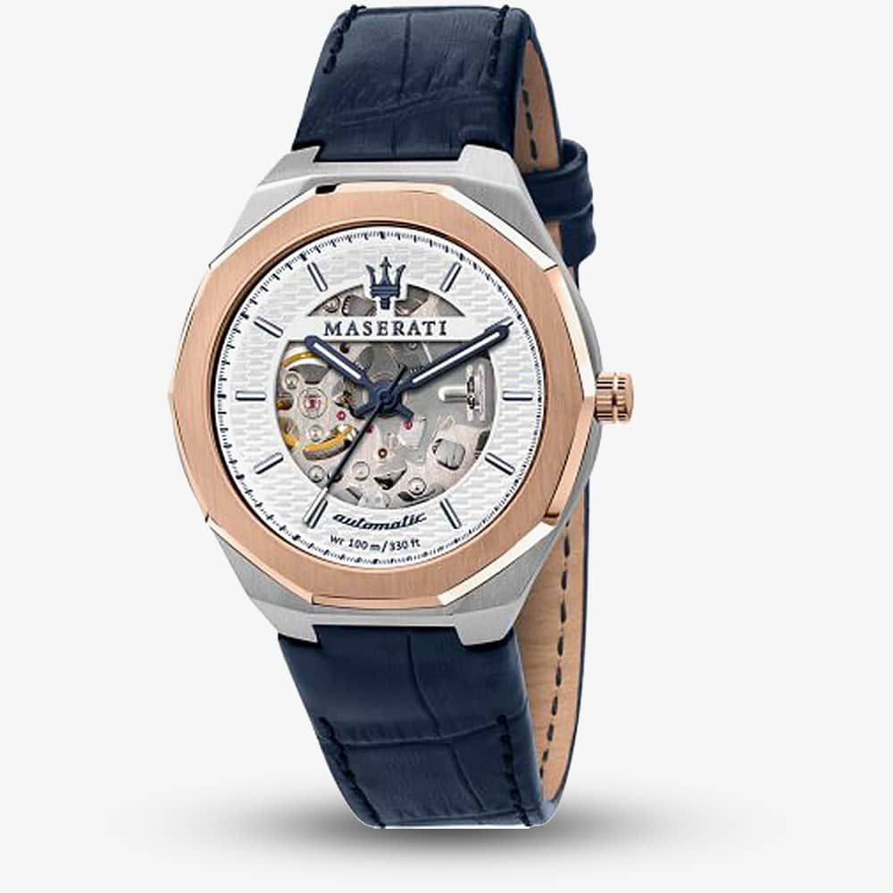 Maserati Stile Automatic Limited Edition Silver Dial Blue Leather Strap Watch For Men - R8821142001