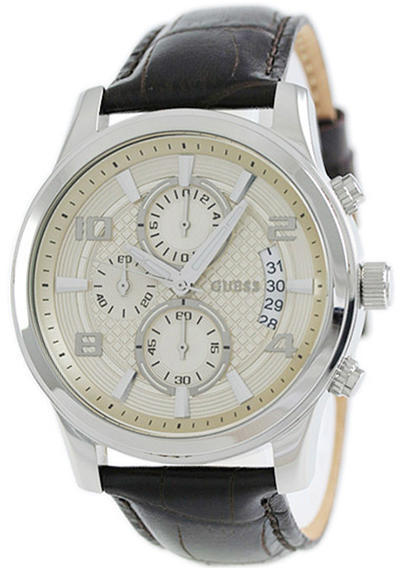 Guess Exec Chronograph White Dial Brown Leather Strap Watch For Men - W0076G2