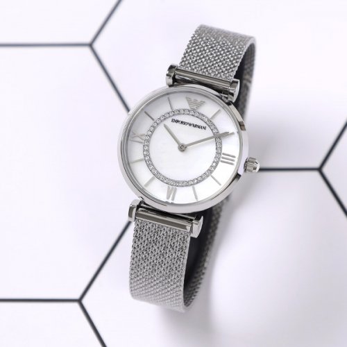 Emporio Armani Gianni T-Bar Quartz Mother of Pearl Dial Silver Mesh Bracelet Watch For Women - AR11319