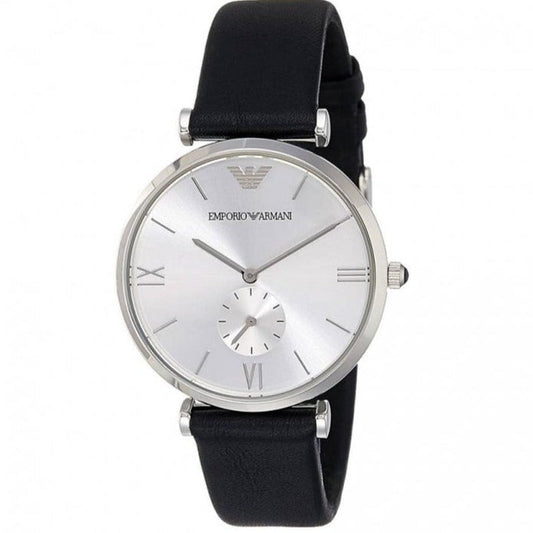 Emporio Armani Retro Analog Quartz Silver Dial Black Leather Strap Watch For Men - AR1674