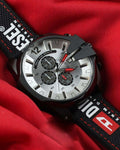 Diesel Mega Chief Chronograph Silver Dial Black Leather Strap Watch For Men - DZ4512