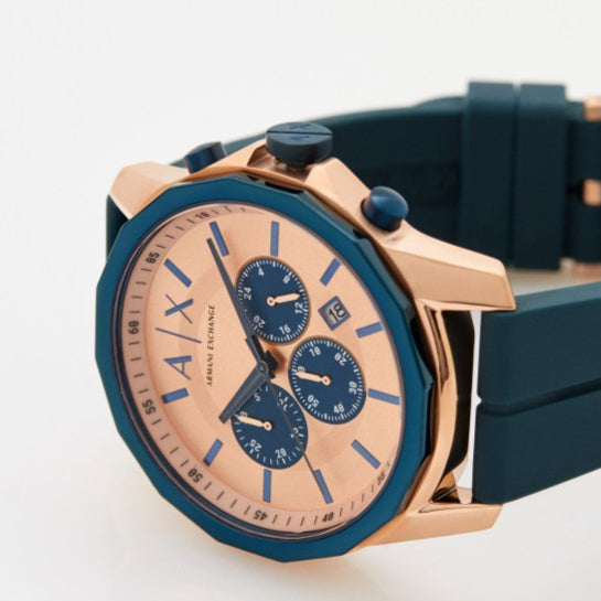 Armani Exchange Hampton Chronograph Rose Gold Dial Blue Silicone Strap Watch For Men - AX1730