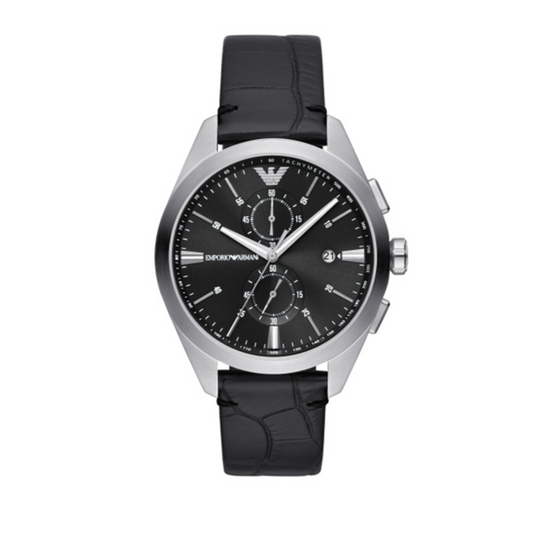 Emporio Armani Claudio Chronograph Black Dial Black Leather Strap Watch For Men - AR11542