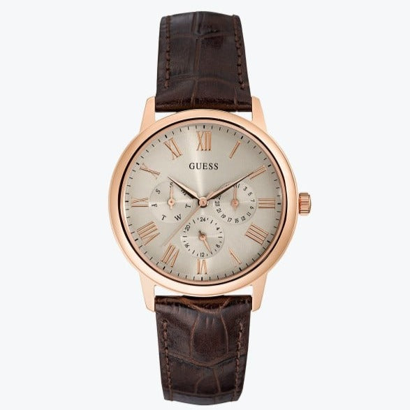 Guess Wafer Quartz Beige Dial Brown Leather Strap Watch For Men - W0496G1