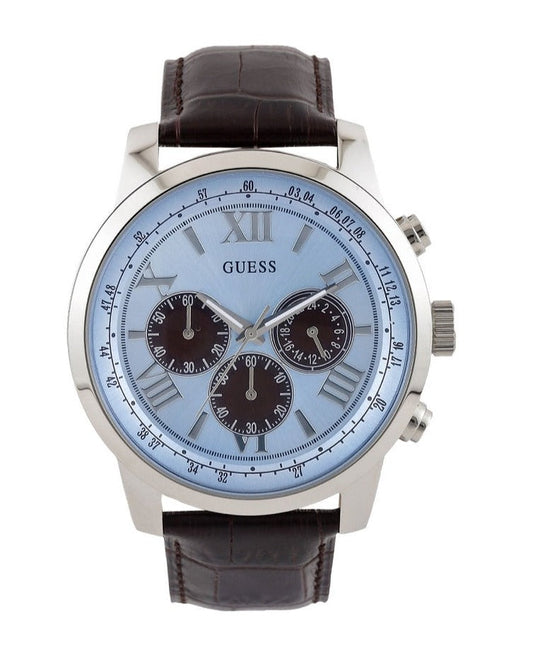 Guess Horizon Chronograph Analog Blue Dial Brown Leather Strap Watch For Men - W0380G6