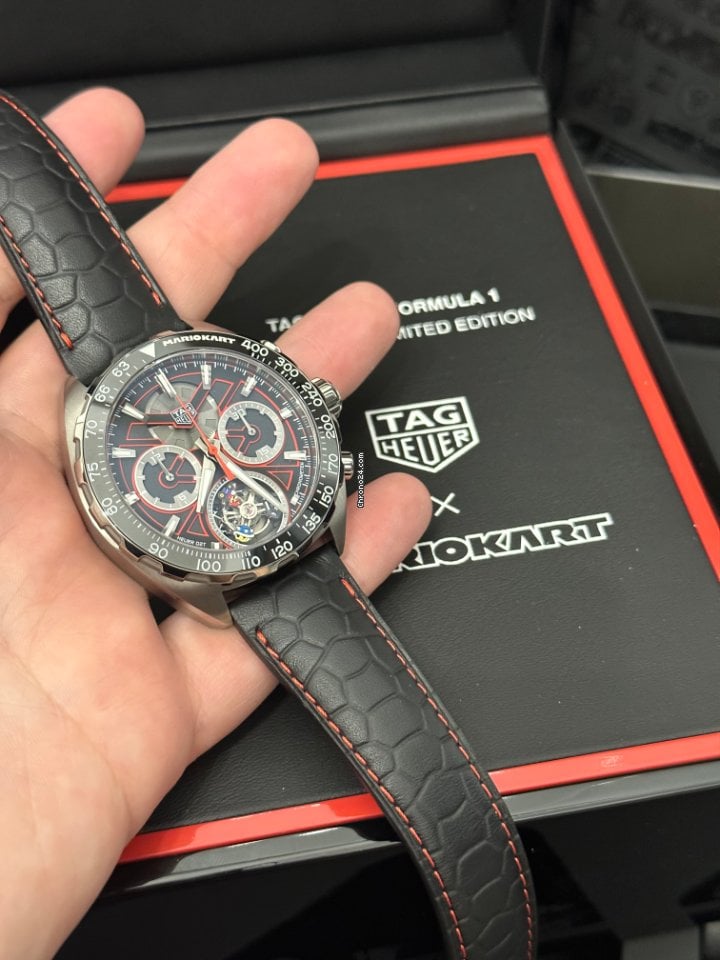 Tag Heuer Formula 1 Mario Kart Chronograph Tourbillion Black Dial Black Leather Strap Watch for Men - CAZ5080.FC6517