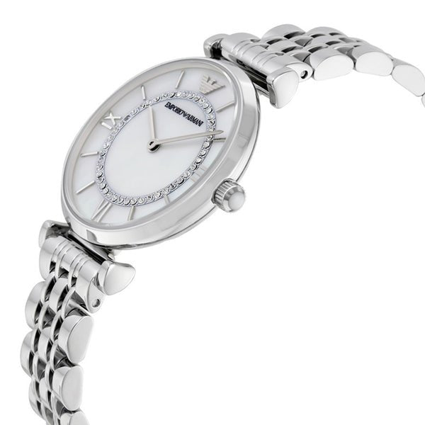 Emporio Armani Gianni T-Bar Mother of Pearl Dial Silver Steel Strap Watch For Women - AR1908